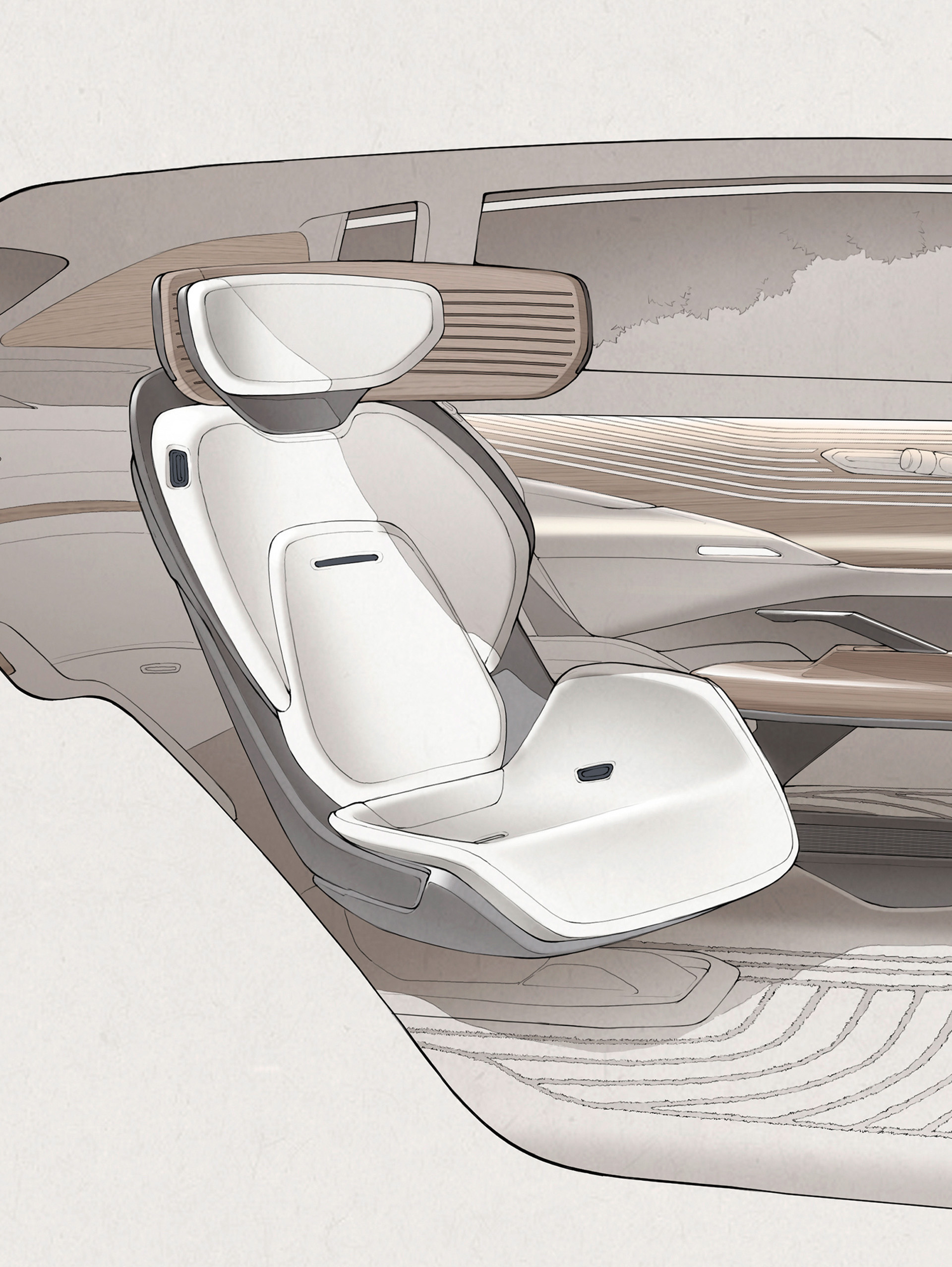 A sketch depicts a full-scale car seat in the Audi urbansphere concept.