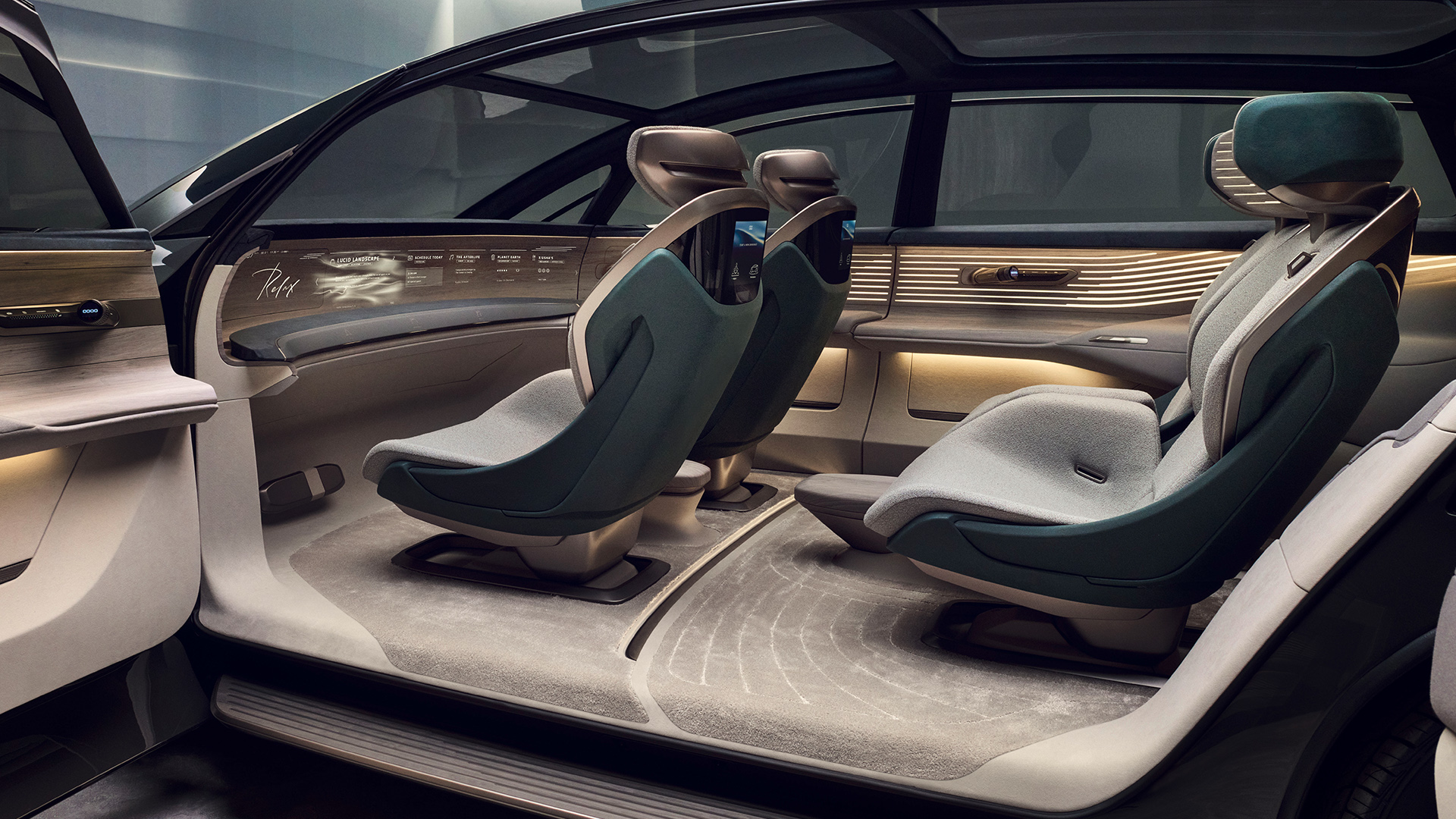 The interior of the Audi urbansphere concept seen through the open doors.